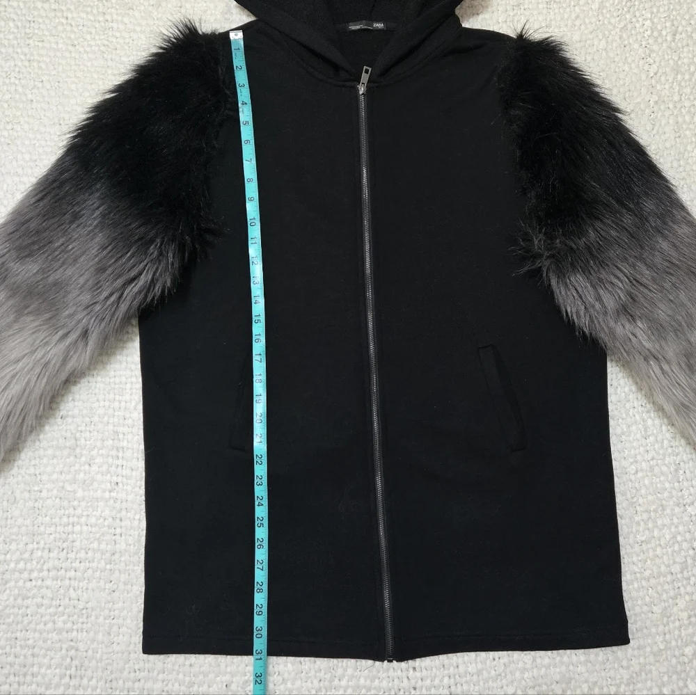 ZARA Black Zippered Hoodie Sweater Black Gray Ombre Faux Fur Sleeves Medium - Picture 13 of 15